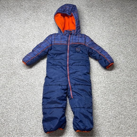 Baby Xtreme Blue Orange Plaid Detail Full Zip Hooded Snow Suit Size 18 Months - Picture 1 of 8